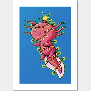 Cute Christmas Axolotl Wrapped in Christmas Lights Posters and Art